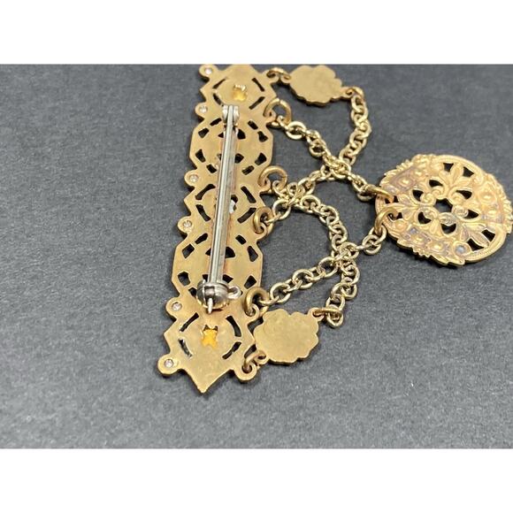Vintage Victorian Revival Brass Tone Dangle Chain Brooch Rhinestones Festoon - Picture 10 of 11